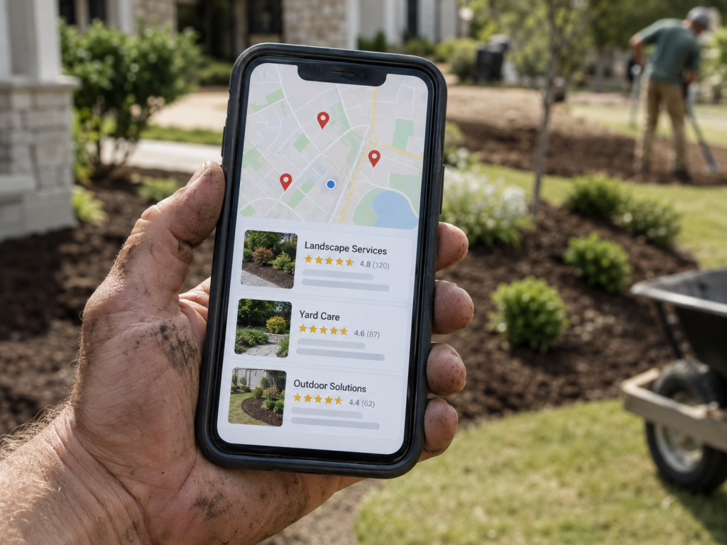 Google map pack results for a landscaper near me search on a phone