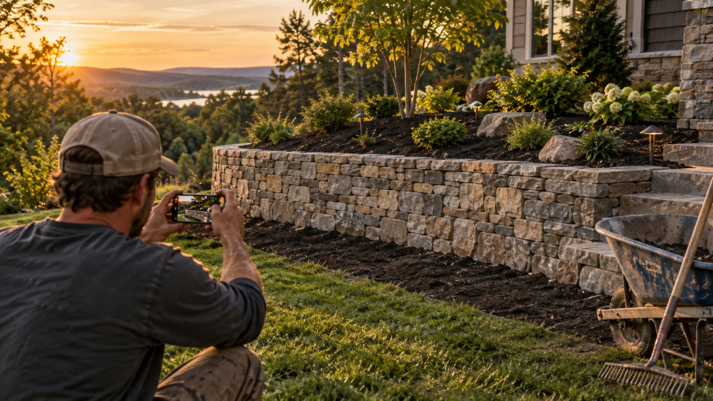 Landscape crew photographing a finished retaining wall for a Google Business Profile post