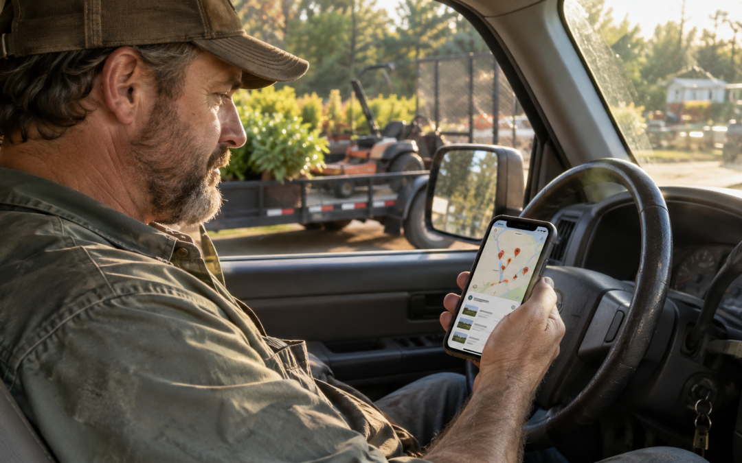Local SEO for contractors — a landscaper checking his Google Business Profile from the truck