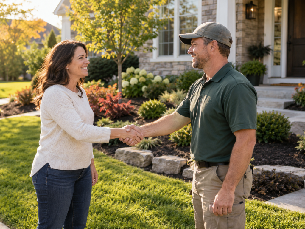 Landscaper shaking hands with a happy homeowner client after a referral brought in new landscaping business