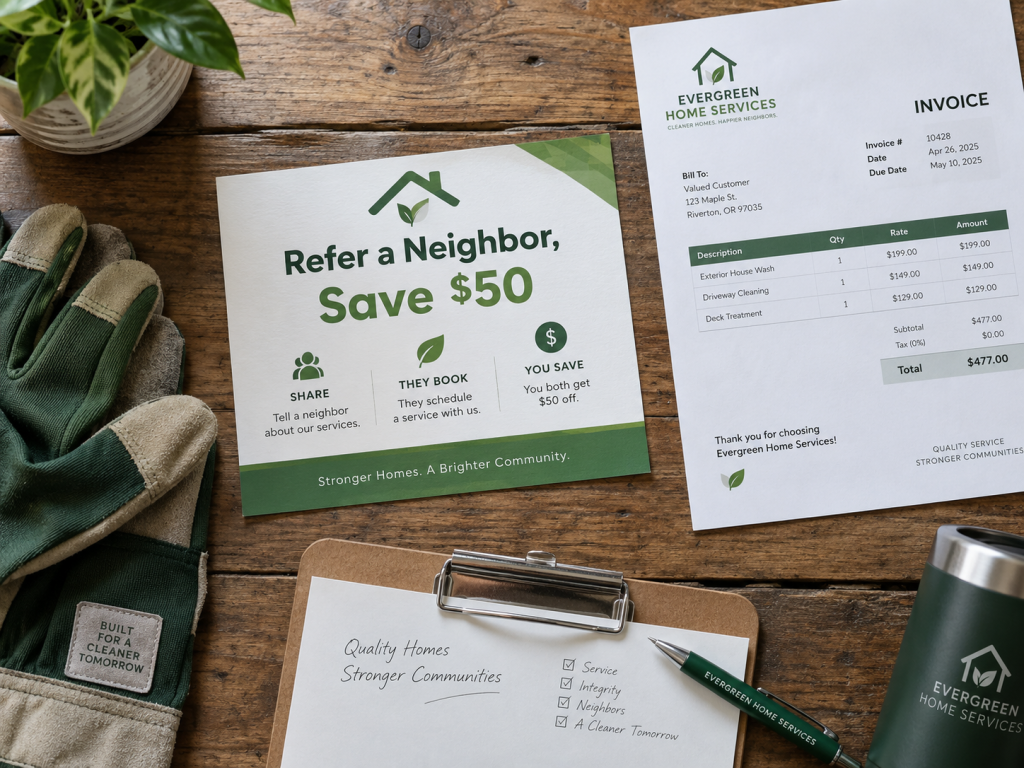 Referral card and invoice for a landscape business referral reward