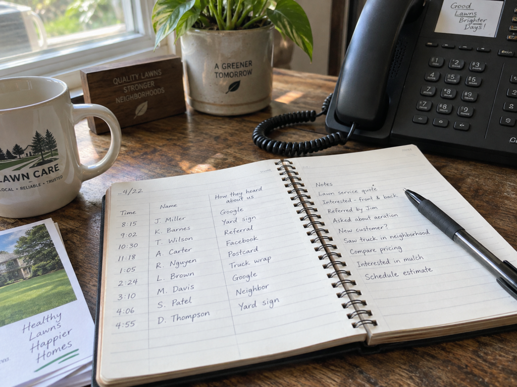 Simple notebook used to log how landscaping clients hear about a business, an easy way to get landscaping clients from the sources that already work