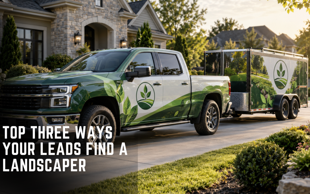 Landscaping company truck with a branded wrap parked at a client's home, one way landscaping clients notice a local business