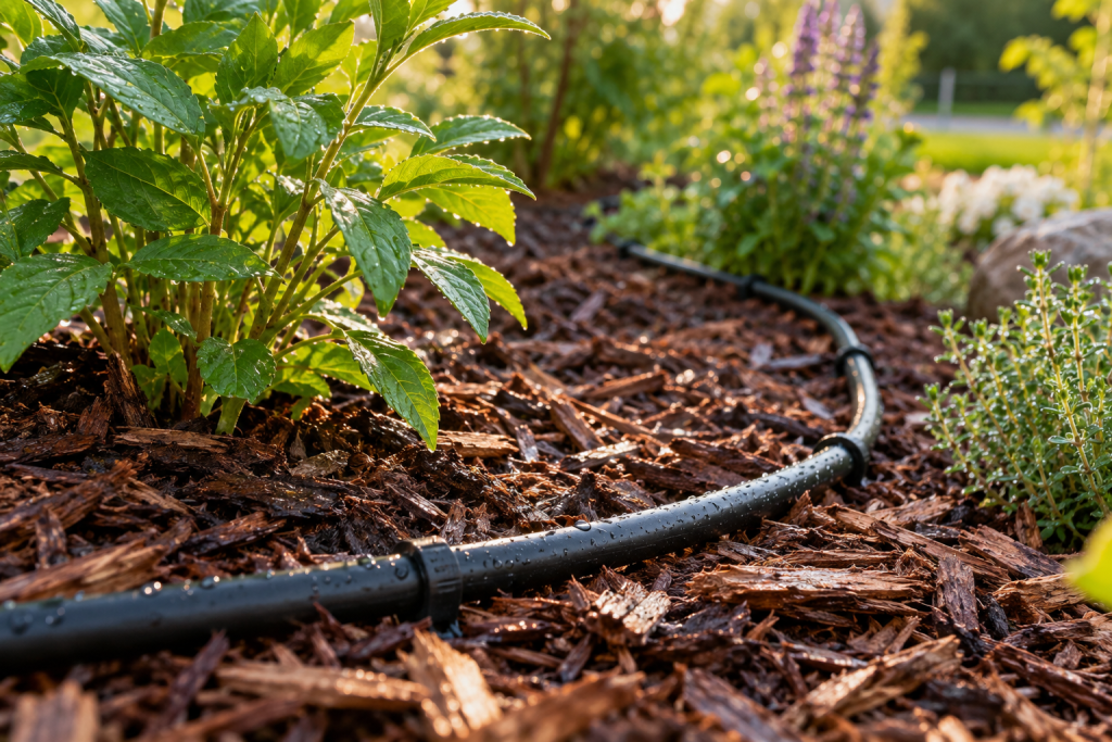 Irrigation line in a new planting bed, part of a landscaping warranty care plan