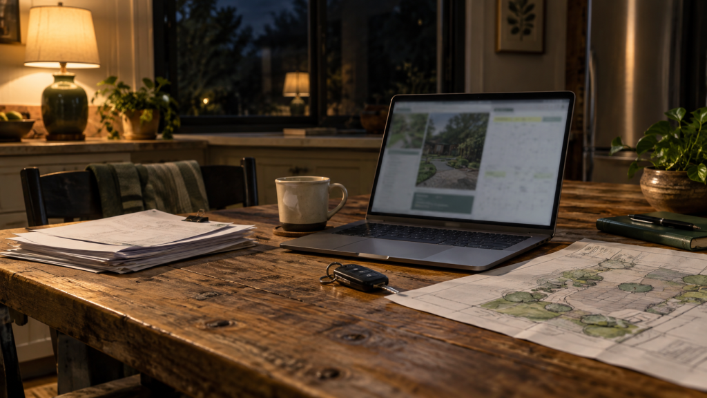 Featured — laptop and invoices on a kitchen table at night Landscape business owner doing paperwork at night before hiring a virtual assistant for landscapers Top of post