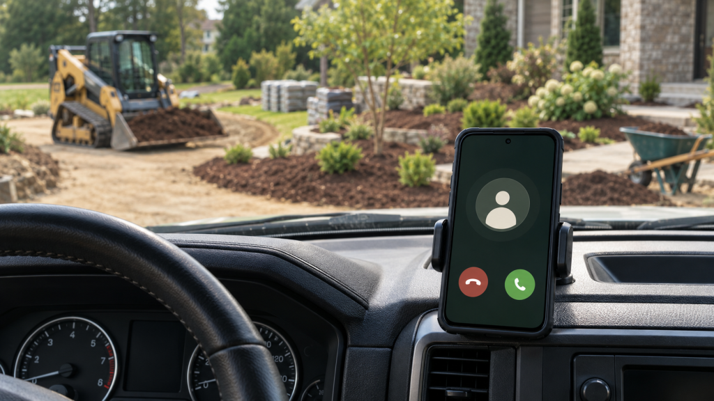 Phone ringing on a truck dashboard, job site beyond Missed call on a landscaping company phone during a work day Under "What Does a Virtual Assistant for Landscapers Actually Do?"