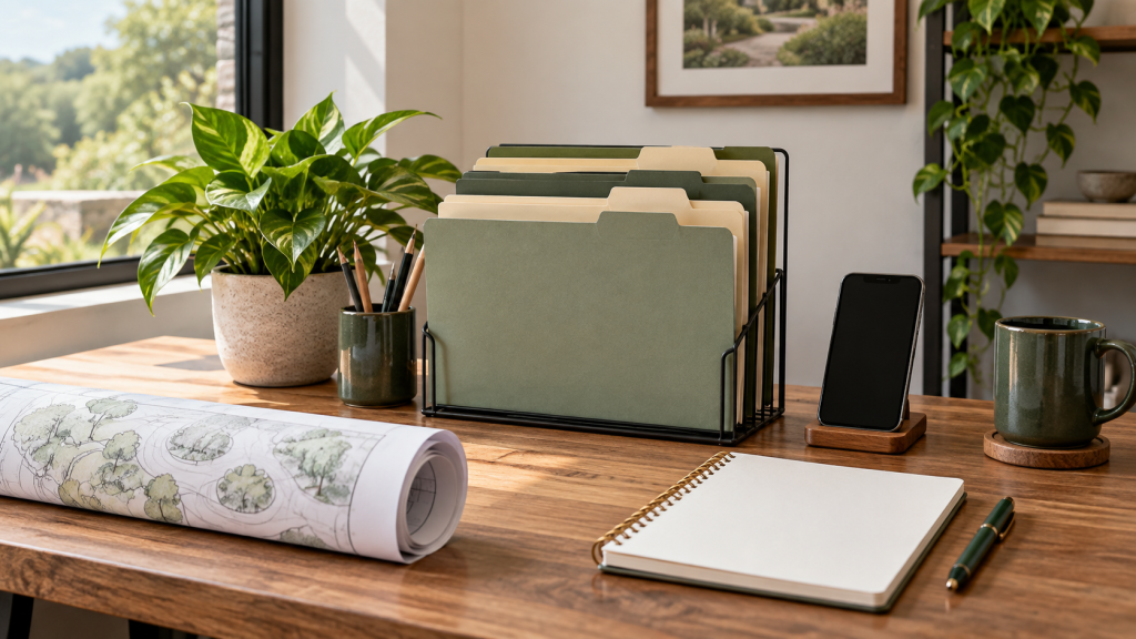 Clean desk with organized job folders and a planting plan Organized landscape business back office after virtual assistant support Under "What Should You Hand Off First?"