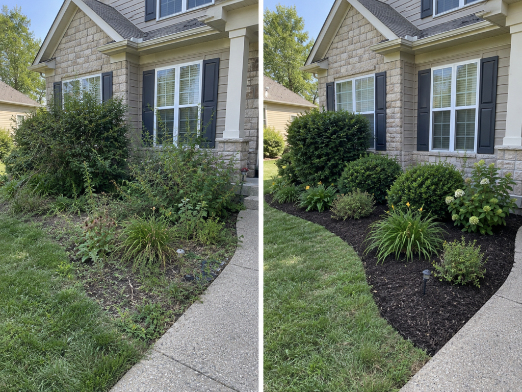 Before and after photo of a landscape bed cleanup shared on a Facebook business page