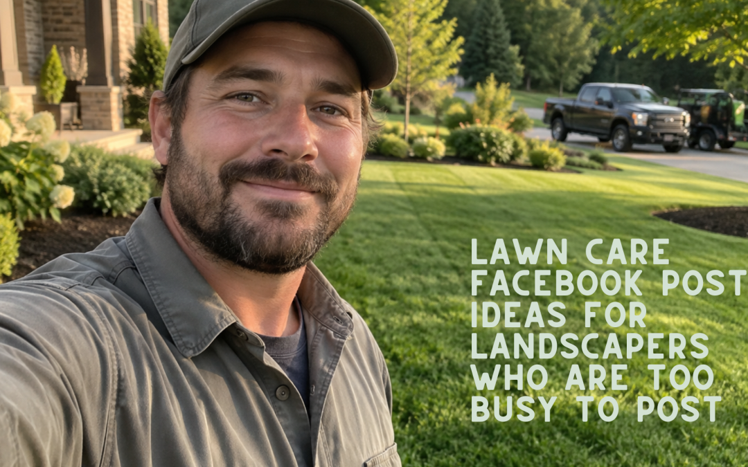 Landscaper recording lawn care Facebook post ideas on his phone at a finished job site