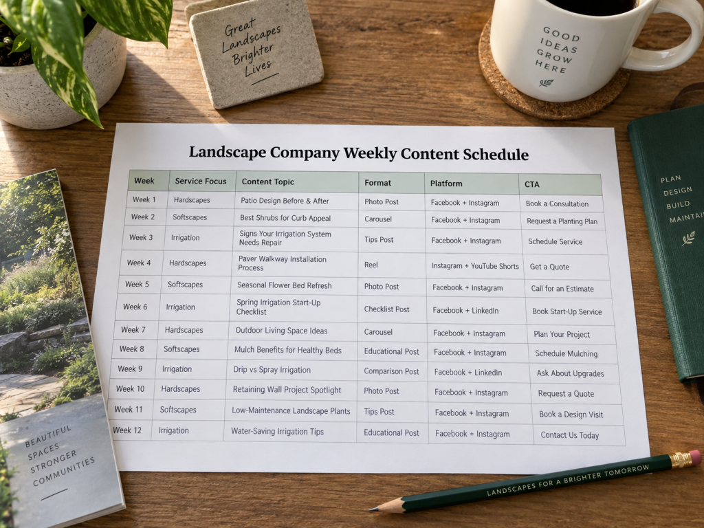 spreadsheet of SEO keywords and content on a desk