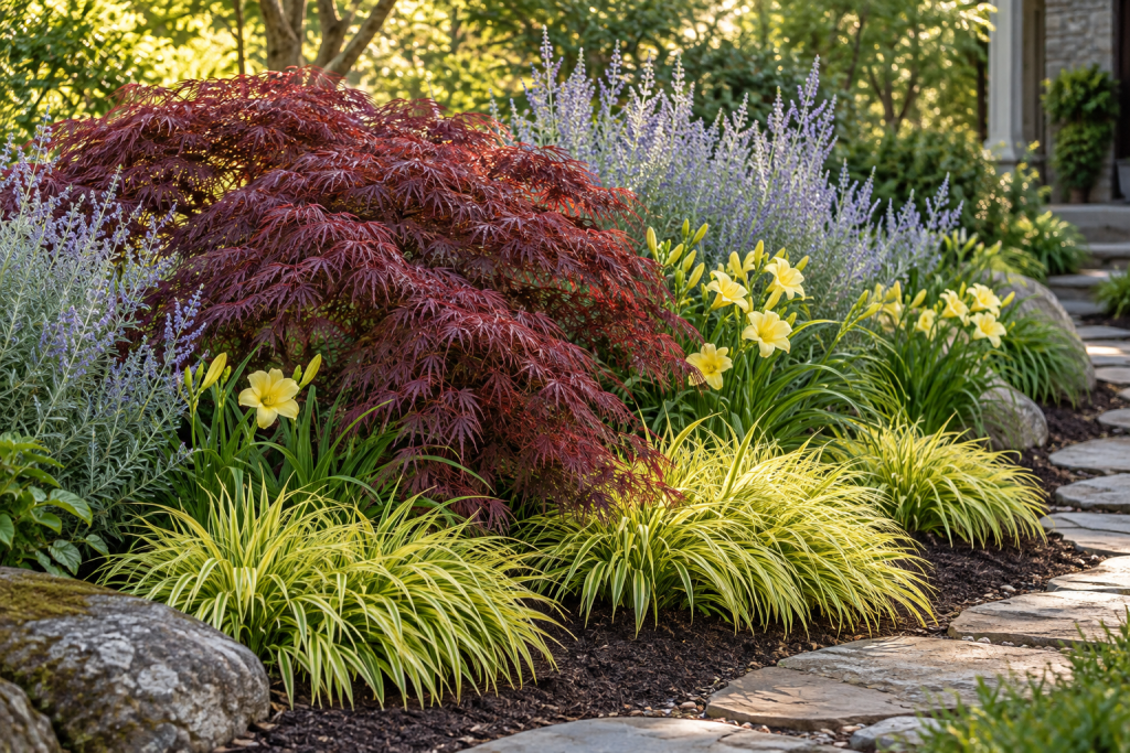 burgundy tree with complimentary plantings