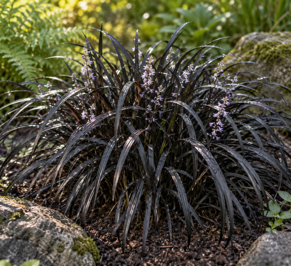 black mondo grass in a garden setting-maroon plants