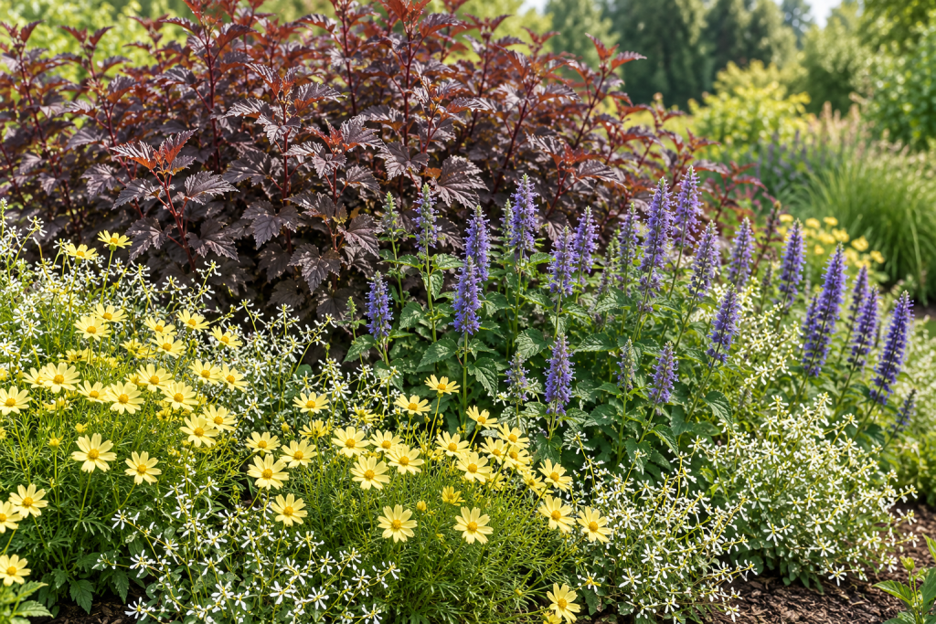 burgundy shrub combination with perennials