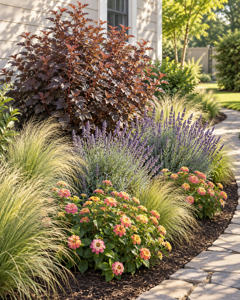 ninebark mixed with lavender, lantana and Mexican feather grass