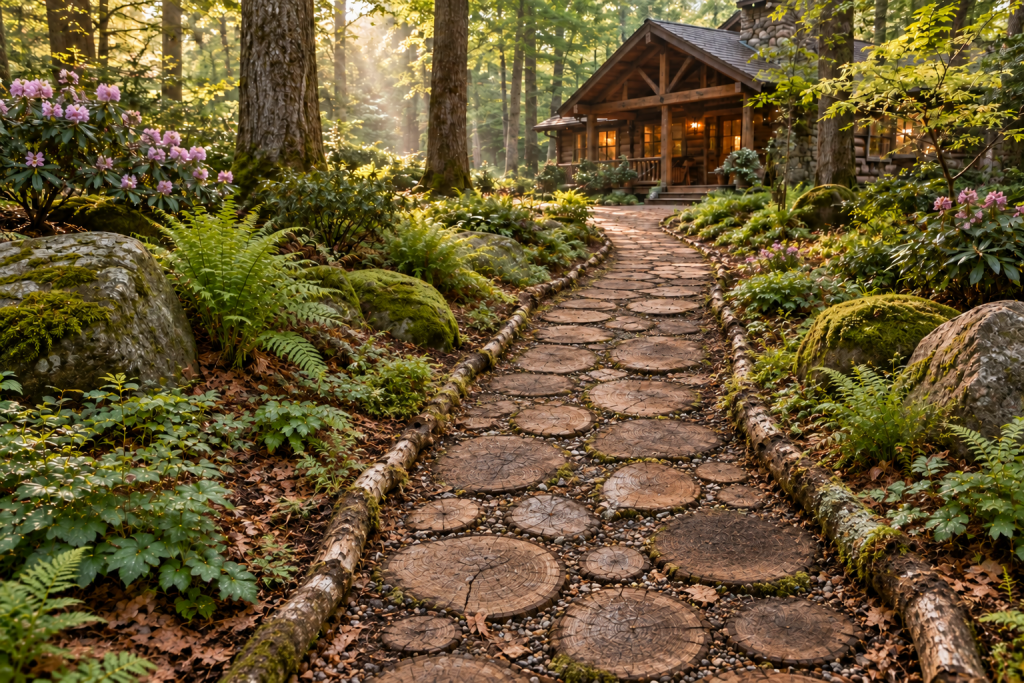cabin entry garden with weathered trunk rounds and branch edging along the path in a woodland setting