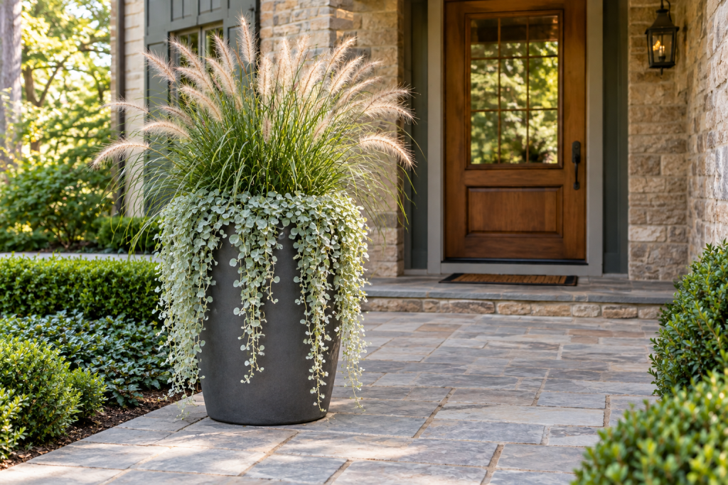 modern container garden for the entry with fountain grass and dichondra