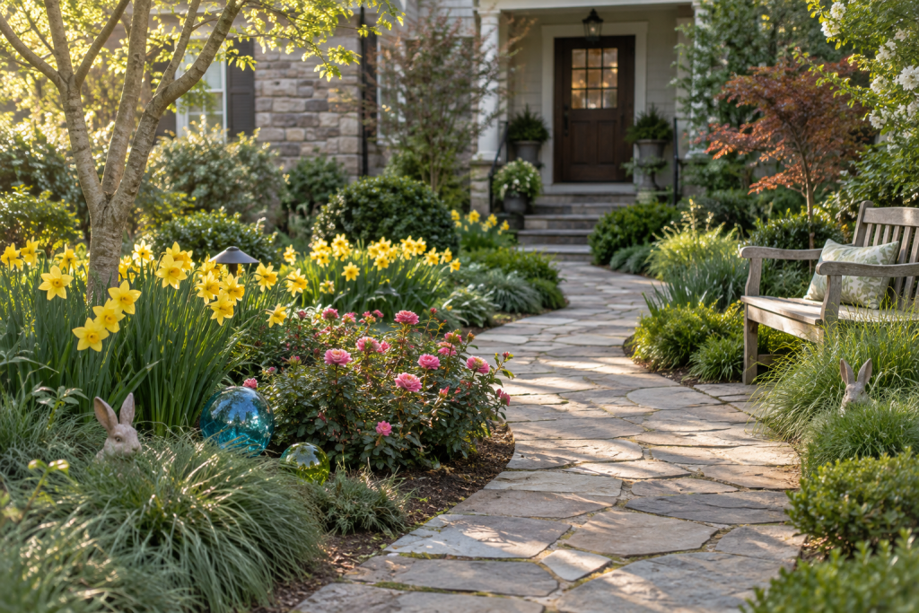 spring garden entry with daffodils and seating along the path