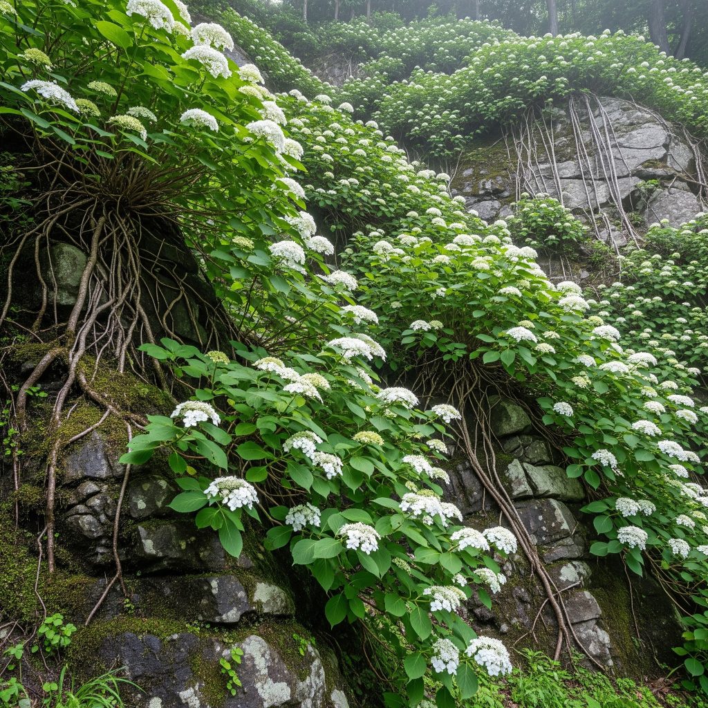 climbing hydrangea up a steep slope