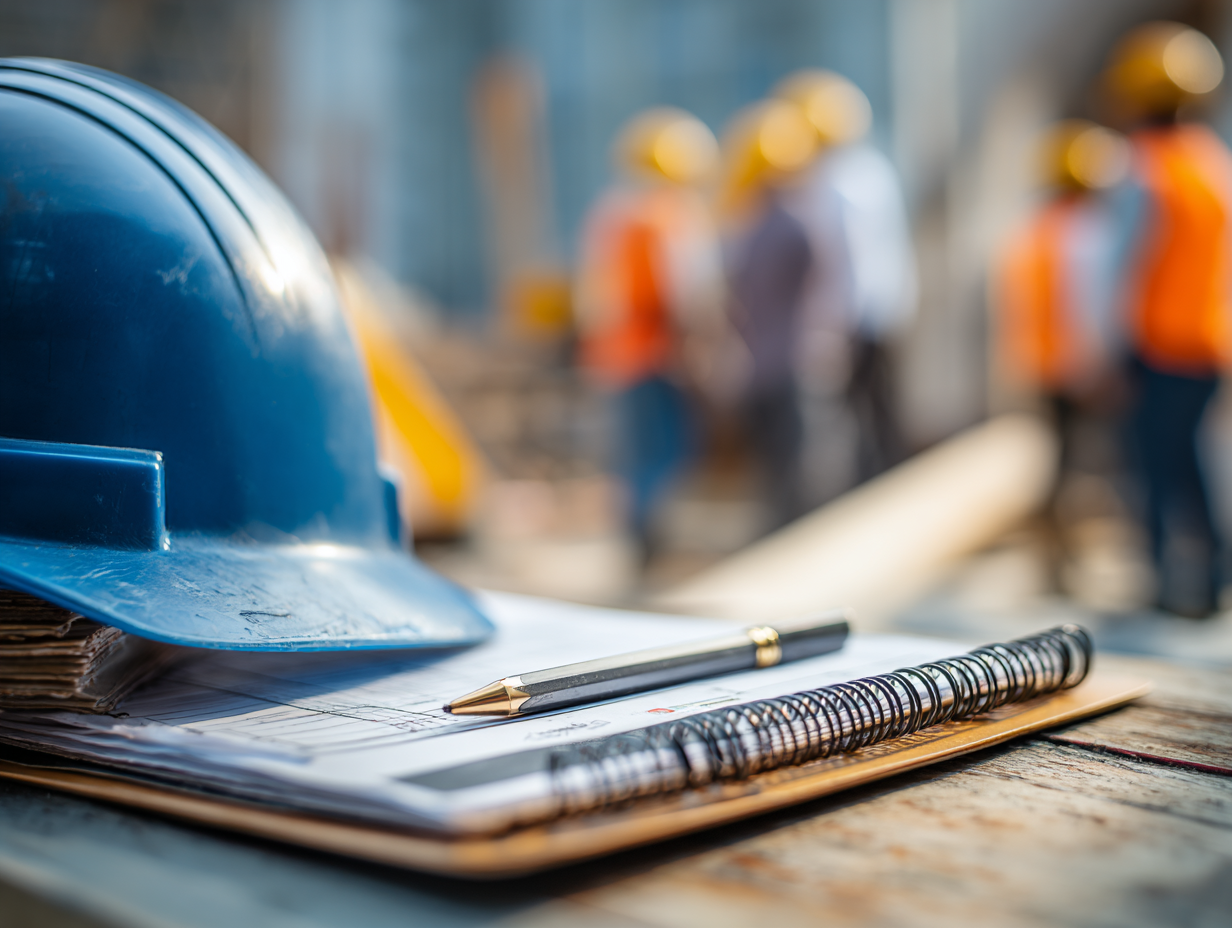picture of a notebook, pen and hardhat with workers in the background