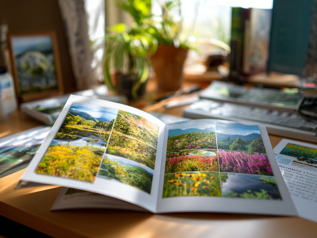 marketing brochures on a desk