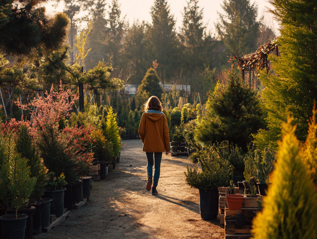 a lady walking through a garden nursery