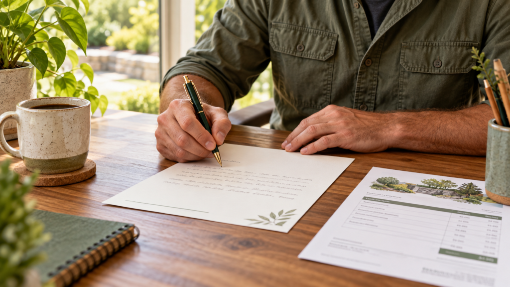 Landscaping business owner drafting a client price increase notice"