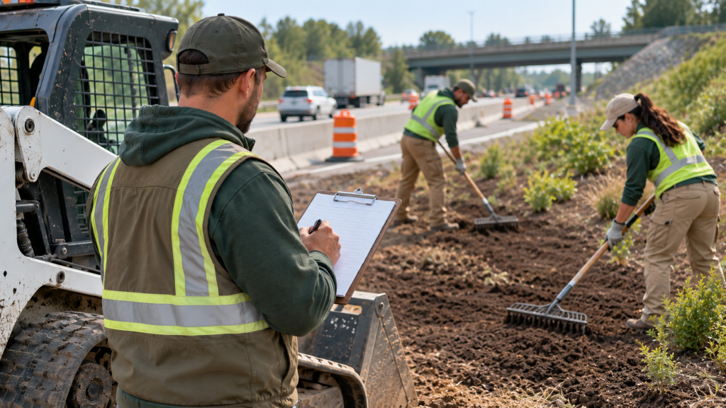 Crew leader logging task start and stop times on a daily clipboard sheet at a job site